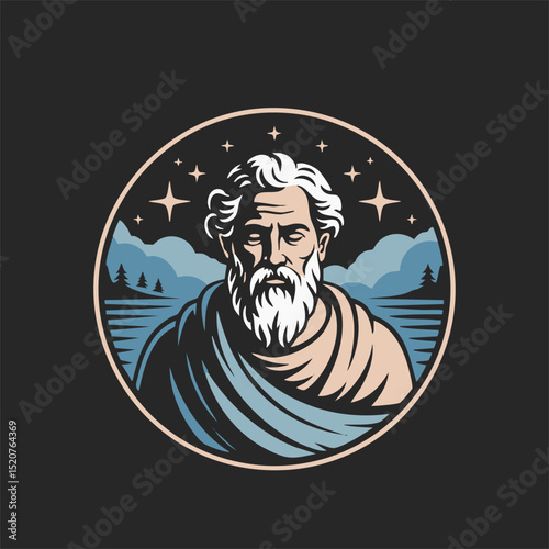 Ancient Philosopher Illustration – Retro Style Portrait with Starry Sky and Landscape