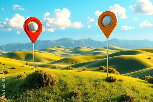 Vacant land plot with map marker in green field. Perfect for real estate, property investment, housing development, construction planning, surveying, and residential zoning visuals.