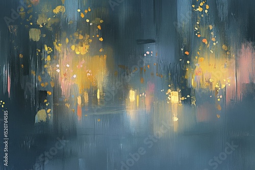 Impressionistic cityscape at night, depicted with blurred lights and hazy atmosphere, showcasing warm and cool tones in a painterly style