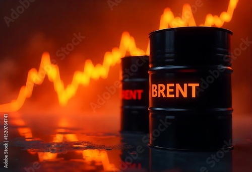 Brent oil barrels with downward chart representing crude oil price fall, economic crisis, stock market crash, recession, energy industry collapse, and global financial instability.