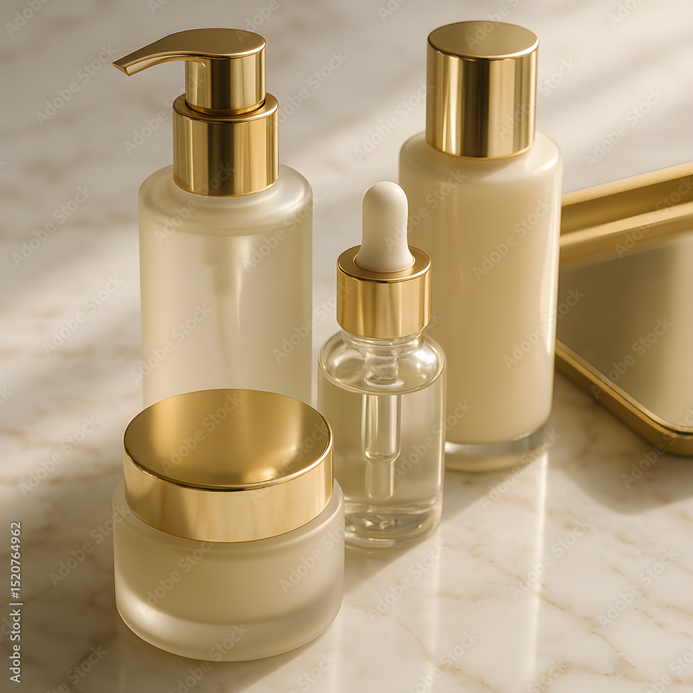 Naklejka premium Elegant skincare products with gold accents, perfect for a luxurious beauty routine.