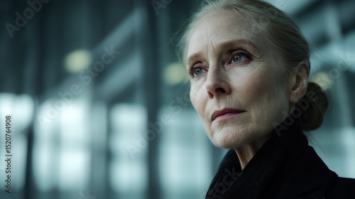 Capture a close-up portrait of a 55-year-old woman standing alone in a modern laboratory, dressed in a sleek black suit.