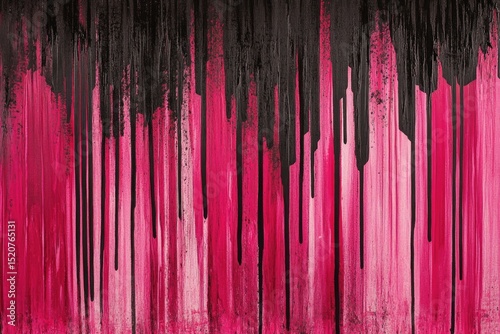 Abstract painting of vertical streaks in shades of pink and black, resembling dripping paint or ink