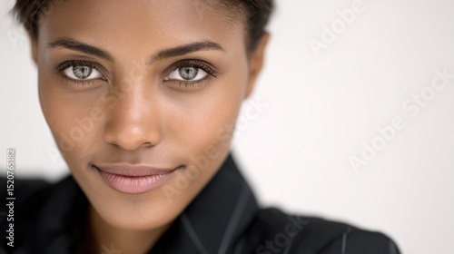 Capture a close-up portrait of a business woman with a soft, yet confident expression-her eyes reflecting intelligence and experience. 
