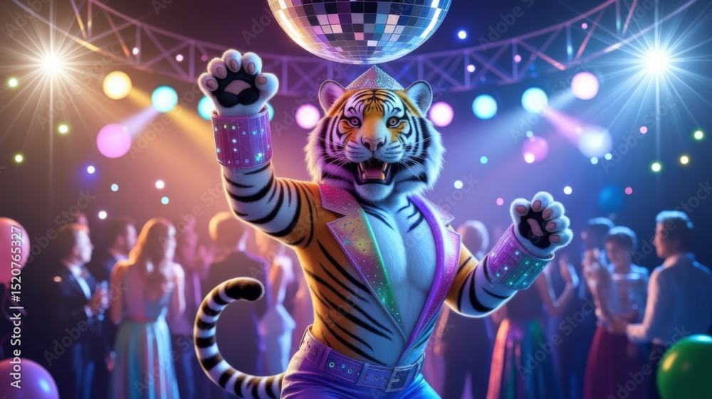 Obraz premium Happy Tiger in party. Night dance. Anthropomorphic animal.