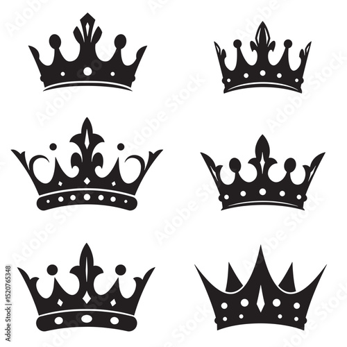 Elegant black crown silhouettes on white background for royal design elements