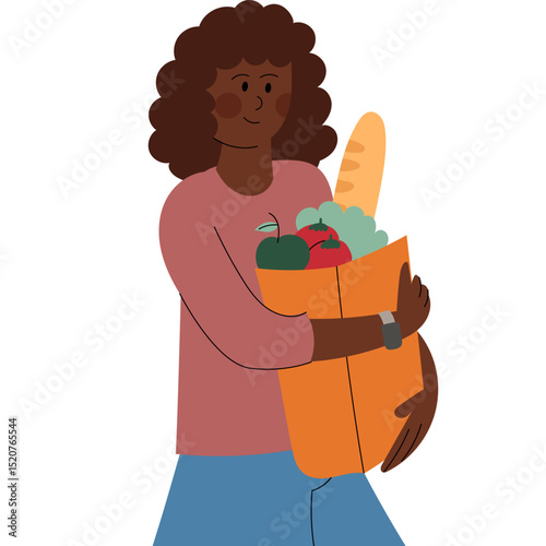 Dark-skinned woman holding a grocery bag. Illustration representing healthy lifestyle, grocery shopping, eco-conscious habits, and everyday life activities.