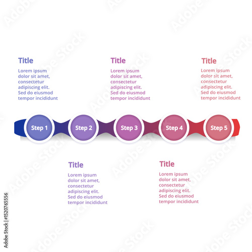 A modern flat vector infographic template showing a project or business timeline with arrows, icons, and steps. Ideal for reports, presentations, marketing plans, or education content. Fully editable 
