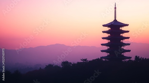 Pagoda silhouette against colorful sky with mountains in background at dusk.
