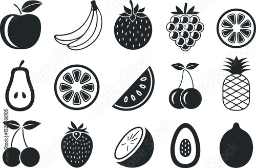 Collection of stylized black and white fruit icons isolated on white background