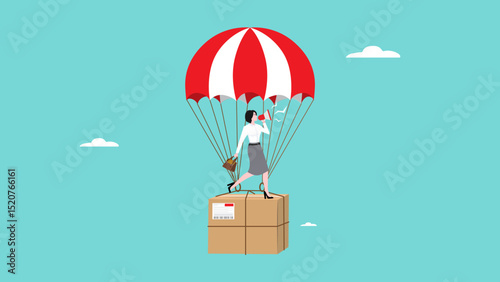 dropshipping business marketing strategy, promotion on the drop shipping business, businesswoman promotes his drop shipping business using a megaphone while riding a flying parachute with package