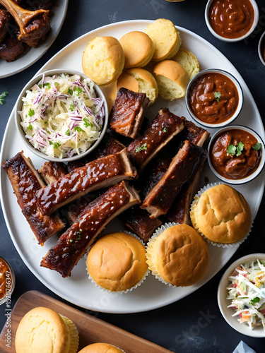 A platter of tangy barbecue ribs slathered in homemade sauce, served with coleslaw and cornbread muffins, BBQ ribs platter centered