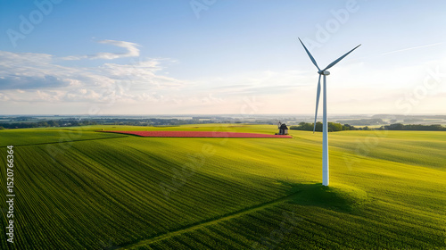 Aerial View Of Wind Turbine On Sunflower Field