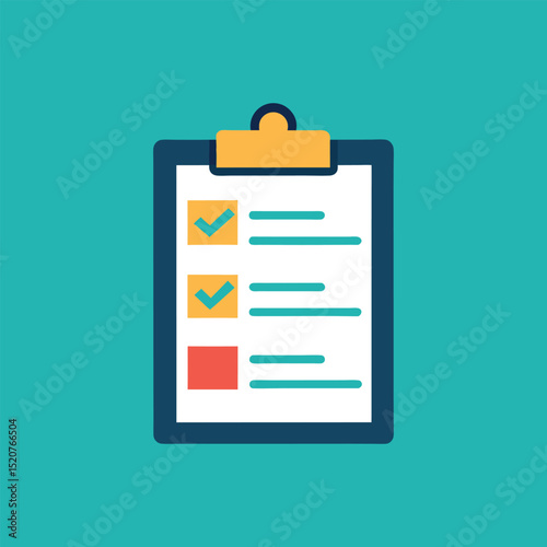 Simple checklist on clipboard flat vector illustration on teal background