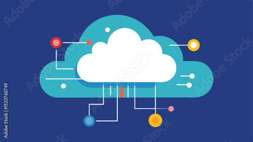 Cloud computing network illustration with colorful connections and data transfer on dark blue background