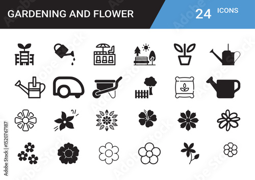 Gardening and Flower Icons: A collection of simple icons representing essential gardening tools, equipment, and blooming flowers, presented in a clean and easily recognizable graphic style.