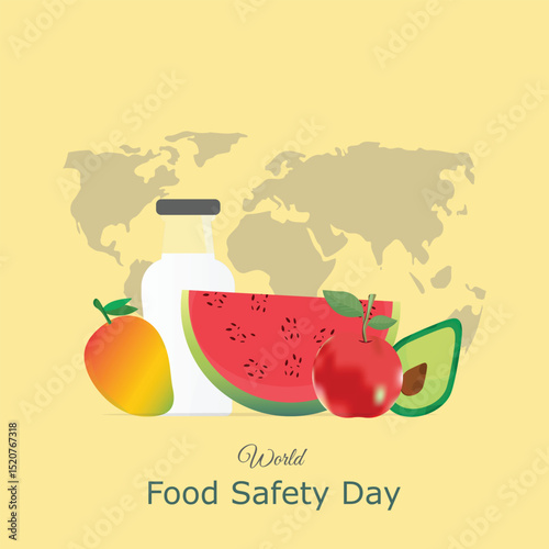 World Food Safety Day, 7 June. Vector, illustration. Mango, Milk bottle, Water melon, apple and avocado with world map in background design.