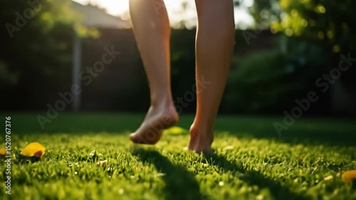 Barefoot walking on grassy lawn