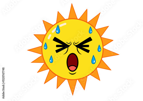Overheated Sun Cartoon Character Sweating, Angry, Summer Heat Illustration