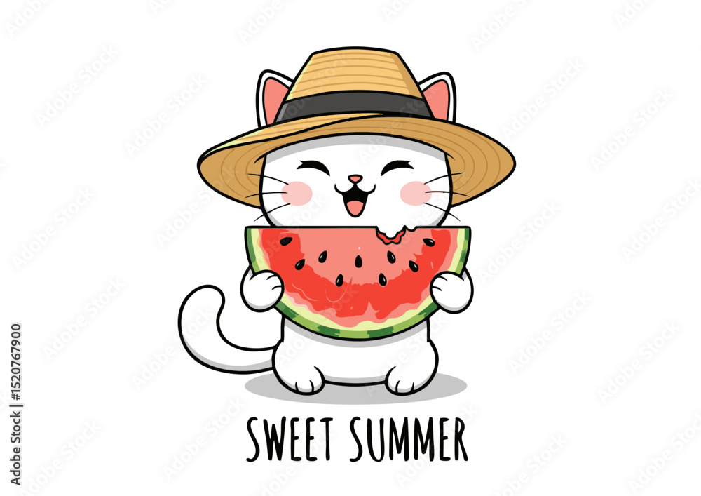 Naklejka premium Adorable Summer Cat Cartoon Illustration White Kitty Enjoying Watermelon Slice