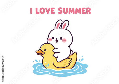 Adorable Summer Bunny Riding a Rubber Duck Cute Illustration
