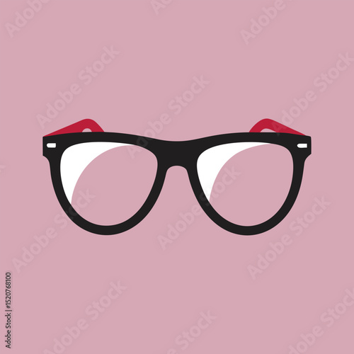 Black eyeglasses with red accents on a pink background simple design