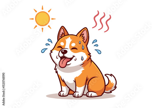 Adorable Corgi Cartoon Illustration Overheating in Summer Heat, Sweating and Panting