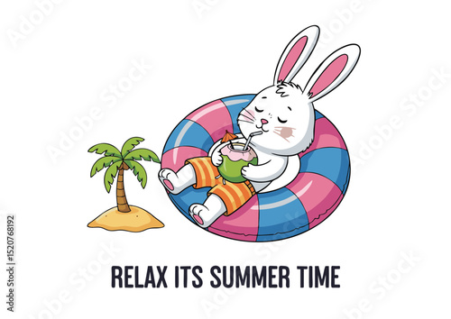 Adorable Summer Bunny Relaxing on a Float with Coconut Drink A Cute Summertime Illustration