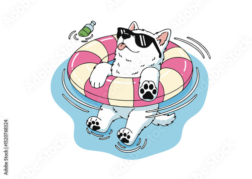 Cool Dog Summer Fun Adorable Husky Puppy Relaxing in Pool Float with Sunglasses