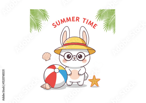 Adorable Summer Bunny Illustration Beach Fun, Cute Rabbit in Sunglasses and Hat