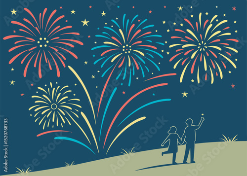 Couple Watching Fireworks Display Happy Independence Day Celebration Against Dark Blue Background Night