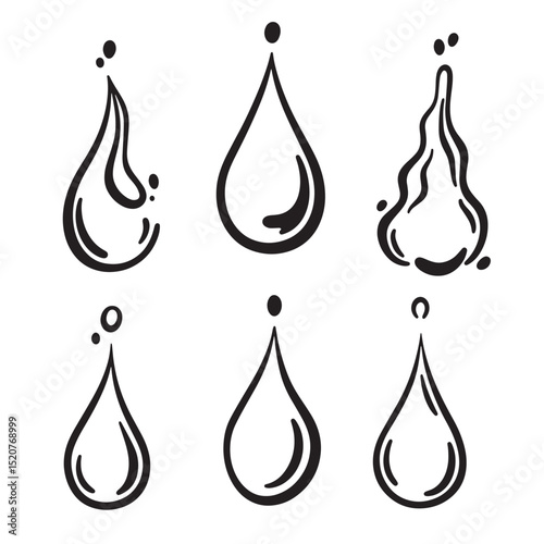 Collection of simple black and white water drop silhouettes in various forms