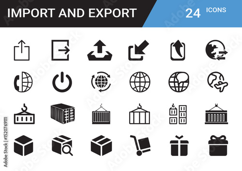Import and Export Icons: A versatile collection of meticulously crafted icons symbolizes the multifaceted world of international trade and commerce.