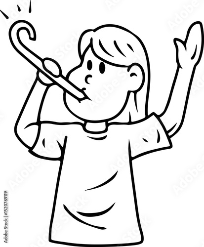 Cartoon girl blowing party horn line art illustration