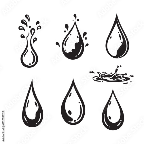 Black and white illustration of water droplets and splashes silhouettes