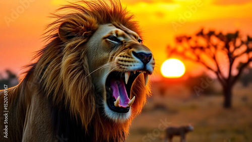 Fierce African Lion – A male lion roaring at sunset, golden mane glowing in the warm light, savanna backdrop with acacia trees, ultra-detailed close-up, cinematic wildlife photography, 8K.

