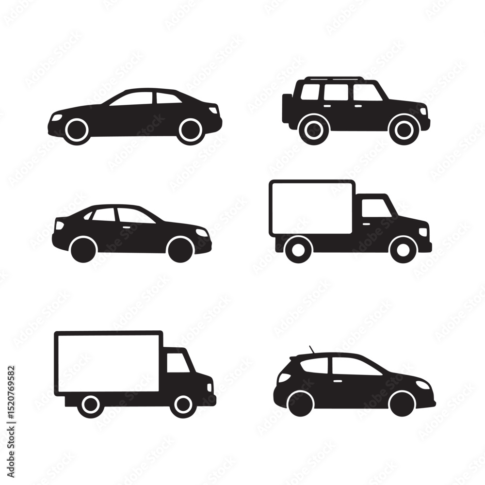 Collection of black vehicle silhouettes including cars trucks and suv isolated on white background