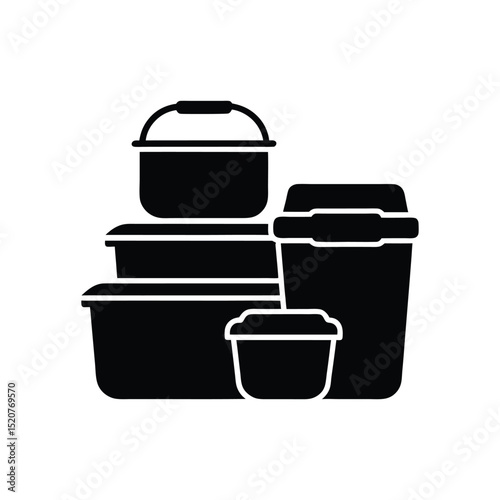 Black and white vector illustration of reusable food containers isolated on white background