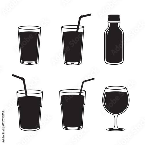 Vector illustration of various drink containers with straws and wine glass in silhouette style