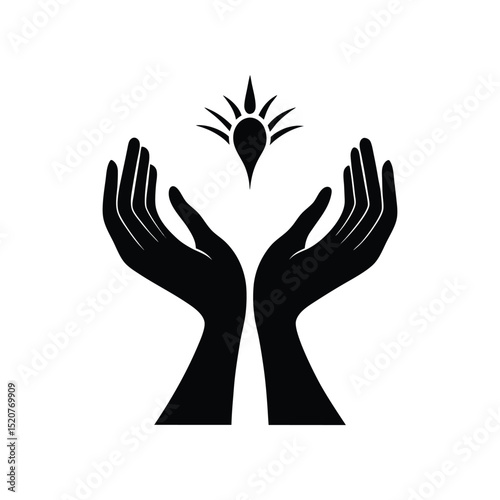 Hands reaching up to sun abstract vector illustration for logo or icon