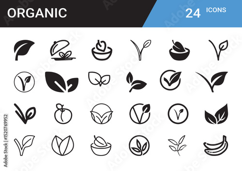 Organic Icons: A collection of 24 minimalist, black-and-white icons representing the essence of organic products and sustainable living, ideal for design and branding.