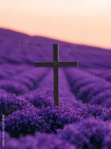 Purple landscape with wooden Cross or crucifix.  Concept for Lent Season, Holy Week, Palm Sunday and Good Friday.
