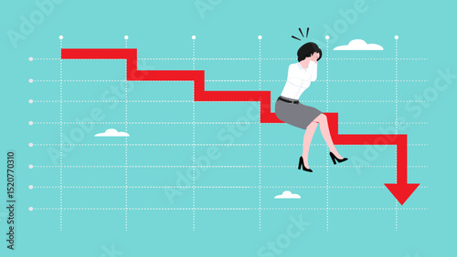 losing money from investment, economic recession concept, loss of capital due to inflation, stock market go down or decline, depressed businessman sitting on red chart of bankruptcy