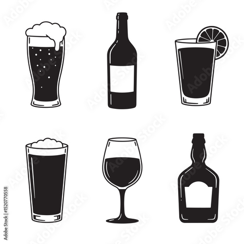 Assortment of beverage silhouettes beer wine and spirits vector illustration