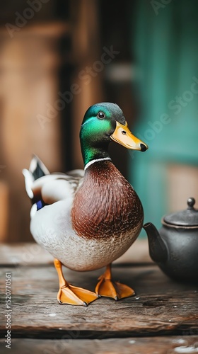 A duck beside a teapot, rustic textures, warm inviting light, charming countryside setting