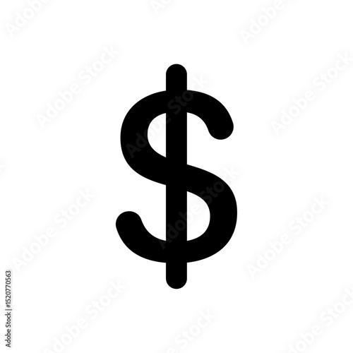 Black dollar sign symbol, financial icon representing money, currency, income, cost, or economy, suitable for banking, finance, accounting, or business use.