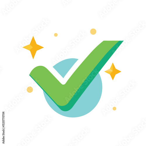 Modern green check mark on blue circle with glitter stars flat design