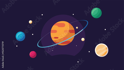 Colorful planets and stars in dark space flat vector illustration