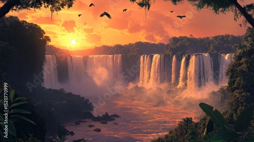 Waterfalls flow into a river surrounded by lush green foliage at sunset.
