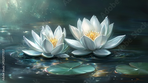 Two white lotus flowers bloom on a pond with lily pads.